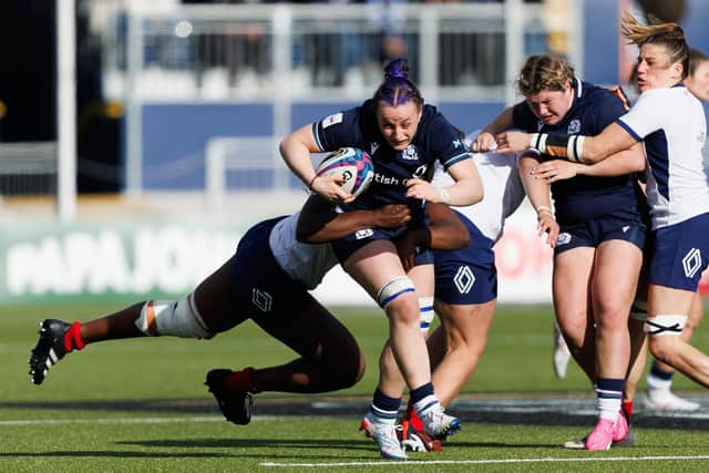 Scotland's Evie Gallagher tries to break through the French rearguard.