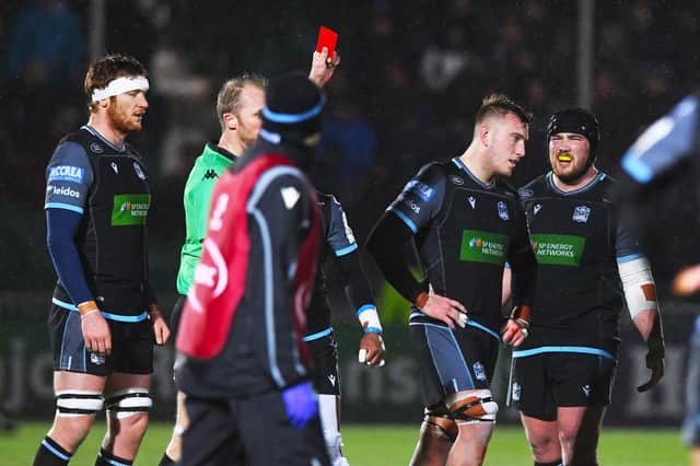Glasgow's Matt Fagerson is shown the red card against La Rochelle in last season's Champions Cup. In the Rainbow Cup, players sent off can been replaced after 20 minutes. Picture: Paul Devlin/SNS