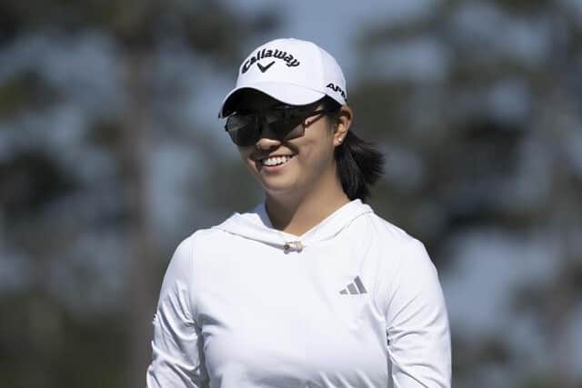 Rose Zhang reacts after holing a birdie putt on the first hole in the second round of the Augusta National Women's Amateur at Champions Retreat Golf Club. Picture: Augusta National Women's Amateur