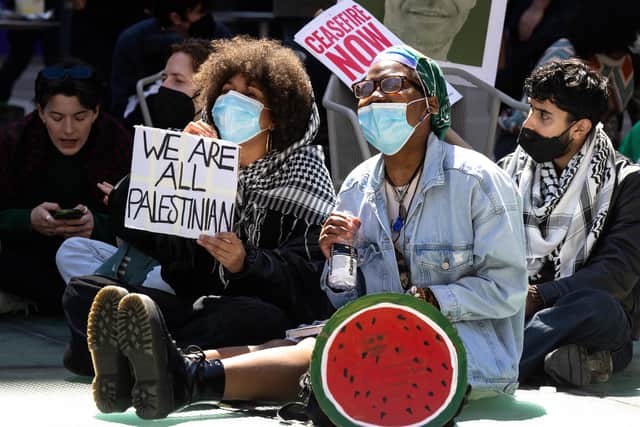 New York University students set up a "Liberated Zone" tent encampment in Gould Plaza at NYU Stern School of Business. NYU students joined the growing number of students in colleges throughout the country to set up tent encampments on school grounds calling on their schools to divest from Israel and a ceasefire in Gaza. Nearly 50 people were arrested at Yale on Monday morning after the arrest last week of more than 100 protesters at Columbia University. (Photo by Michael M. Santiago/Getty Images)
