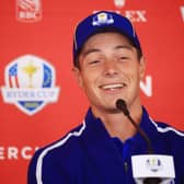 Viktor Hovland speaks to the media prior to the 43rd Ryder Cup at Whistling Straits. Picture: Mike Ehrmann/Getty Images.