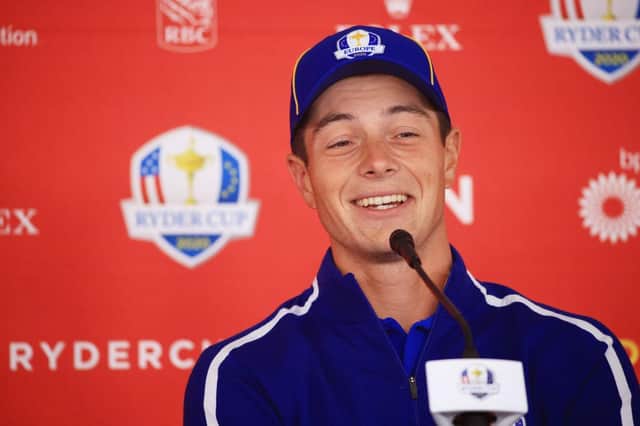 Viktor Hovland speaks to the media prior to the 43rd Ryder Cup at Whistling Straits. Picture: Mike Ehrmann/Getty Images.