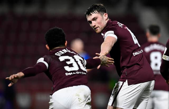Hearts' Josh Ginnelly celebrates making it 2-0 with John Souttar during the win over St Johnstone at Tynecastle (Photo by Rob Casey / SNS Group)
