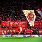 Liverpool fans show their support with flags and banners prior to the UEFA Champions League Group A match against Rangers