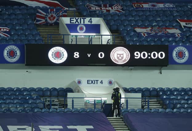 The scoreboard at Ibrox tells the story of Rangers' biggest win under Steven Gerrard's management as they boosted their goal difference and remained nine points clear at the top of the Premiership. (Photo by Ian MacNicol/Getty Images)