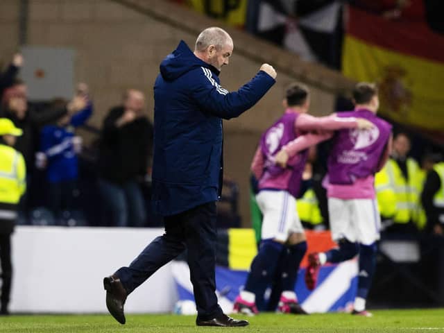Scotland manager Steve Clarke celebrates his side going two goals ahead against Spain in Tuesday's Euro 2024 qualifier (Photo by Craig Williamson / SNS Group)