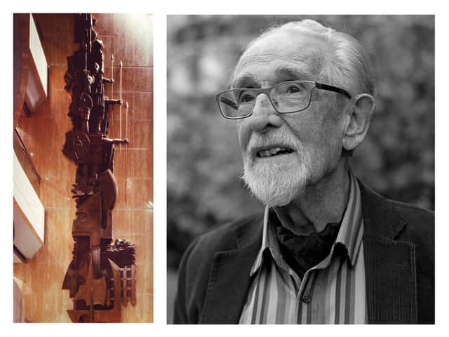 Artist Charles Anderson (right) and is 60ft sculpture which spanned four storeys at the old Prudential building at Craigforth, Stirling, which is now to be demolished. PIC: Portrait Michael Prince/Contributed.