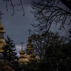 St Michael's Golden-Domed Monastery in Kyiv, Ukraine. Recent Russian attacks around Kyiv and across Ukraine have targeted power plants, killing civilians and employees of the key infrastructure.