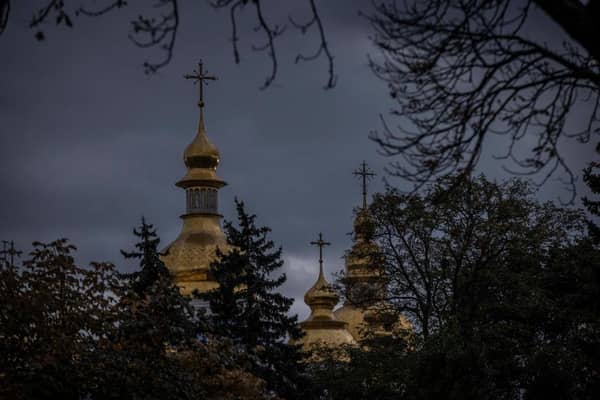 St Michael's Golden-Domed Monastery in Kyiv, Ukraine. Recent Russian attacks around Kyiv and across Ukraine have targeted power plants, killing civilians and employees of the key infrastructure.