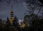 St Michael's Golden-Domed Monastery in Kyiv, Ukraine. Recent Russian attacks around Kyiv and across Ukraine have targeted power plants, killing civilians and employees of the key infrastructure.