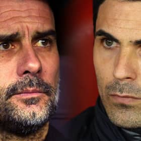 Pep Guardiola and Mikel Arteta go head-to-head as Manchester City host Arsenal in a potential Premier League title decider. (Photo by Richard Heathcote/Getty Images)