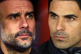 Pep Guardiola and Mikel Arteta go head-to-head as Manchester City host Arsenal in a potential Premier League title decider. (Photo by Richard Heathcote/Getty Images)