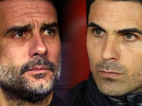 Pep Guardiola and Mikel Arteta go head-to-head as Manchester City host Arsenal in a potential Premier League title decider. (Photo by Richard Heathcote/Getty Images)