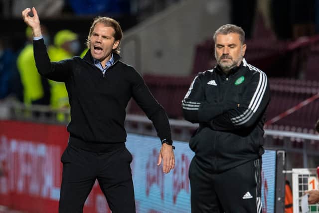 Celtic manager Ange Postecoglou (right) and his Hearts counterpart Robbie Neilson during the Tynecastle men's opening weekend victory that has helped create a title race the Australian believes both Hearts and Hibs are firmly in. (Photo by Ross Parker / SNS Group)