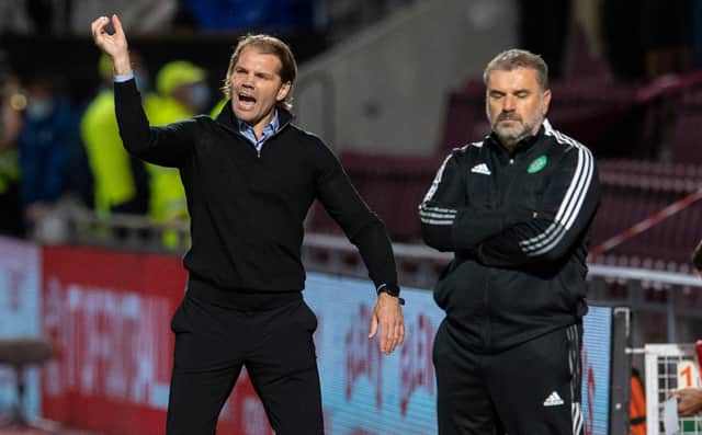 Celtic manager Ange Postecoglou (right) and his Hearts counterpart Robbie Neilson during the Tynecastle men's opening weekend victory that has helped create a title race the Australian believes both Hearts and Hibs are firmly in. (Photo by Ross Parker / SNS Group)