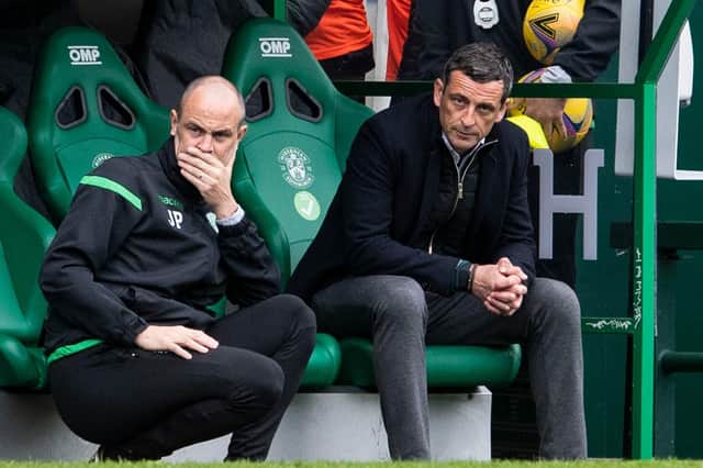 Hibs manager Jack Ross (right) and assistant John Potter endured a difficult afternoon as their Easter Road side contributed to their own downfall against St Johnstone. Photo by Ross Parker / SNS Group