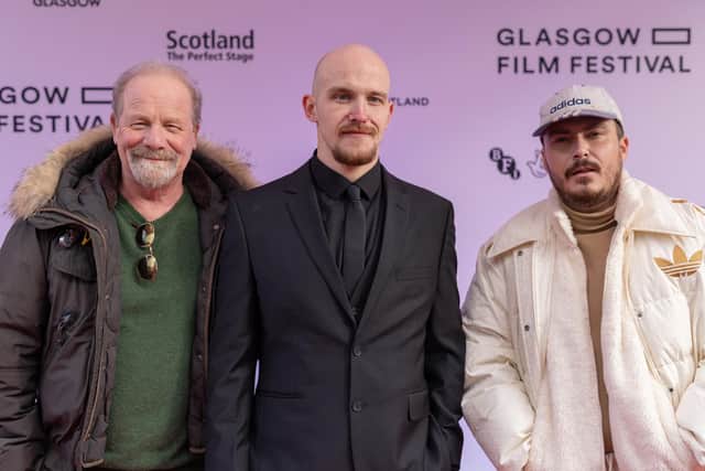 McCarron with Peter Mullan and James Price at the Dog Days premier at Glasgow Film Festival 2023. Pic: Amy Muir