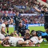 Rory Darge, right, celebrates as Johnny Matthews scores Glasgow's second try. Picture: James Crombie/INPHO/Shutterstock