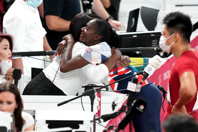 Dina Asher-Smith in the mixed zone at the Olympic Stadium. Picture: Martin Rickett/PA Wire