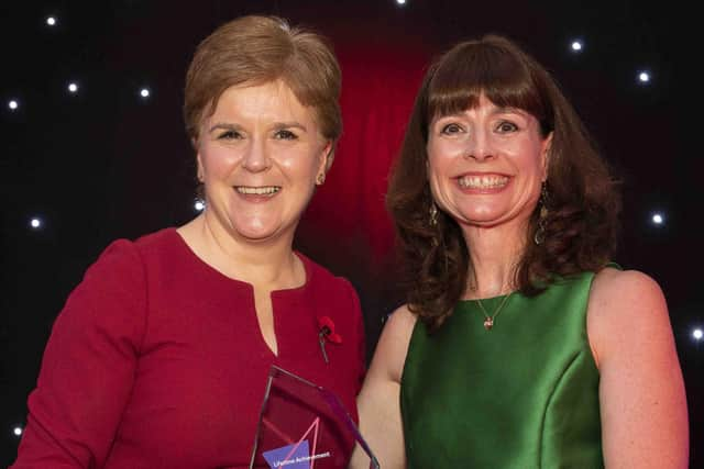 Nicola Sturgeon presented the Lifetime Achievement Award to Scottish Edge CEO Evelyn McDonald. Picture: contributed.