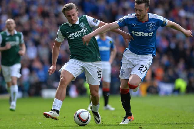 Jason Cummings in action for Hibs against Danny Wilson of Rangers in the 2016 Scottish Cup final win.