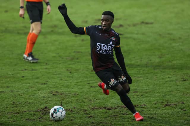 Oostende's Fashion Junior Sakala pictured in action during a soccer match between Zulte-Waregem and KV Oostende, Sunday 31 January 2021 (Photo by DAVID PINTENS/BELGA MAG/AFP via Getty Images)