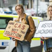 Protesters outside the Queen Elizabeth building in Edinburgh for the Stop Jackdaw rally. Picture: Lisa Ferguson