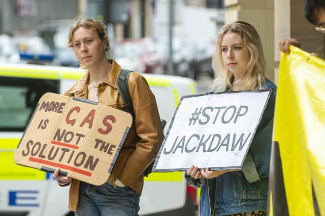Protesters outside the Queen Elizabeth building in Edinburgh for the Stop Jackdaw rally. Picture: Lisa Ferguson