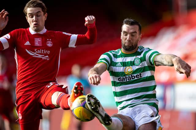 Scott Wright intercepts Shane Duffy in the build up to Aberdeen's second goal against Celtic at Pittodrie. Picture: SNS