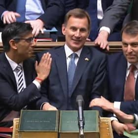 Prime Minister Rishi Sunak congratulates Chancellor of the Exchequer Jeremy Hunt after he delivered his autumn statement to MPs in the House of Commons, London. Picture date: Thursday November 17, 2022.