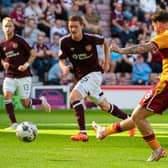 Motherwell's Callum Slattery scores to make it 1-0 over Hearts at Tynecastle. (Photo by Sammy Turner / SNS Group)