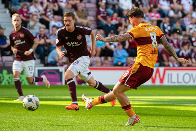 Motherwell's Callum Slattery scores to make it 1-0 over Hearts at Tynecastle. (Photo by Sammy Turner / SNS Group)