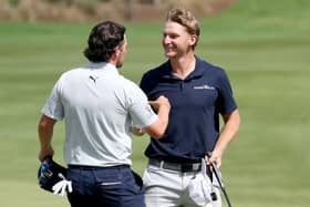 Ewen Ferguson congratulates Nick Bachem after the German's impresive win in the Jonsson Workwear Open at The Club at Steyn City in South Africa. Picture: Warren Little/Getty Images.