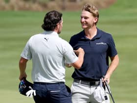 Ewen Ferguson congratulates Nick Bachem after the German's impresive win in the Jonsson Workwear Open at The Club at Steyn City in South Africa. Picture: Warren Little/Getty Images.