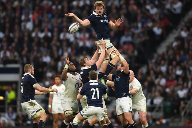 Richie Gray shows his lineout skills during the 2017 Calcutta Cup match against England at Twickenham. Picture: Laurence Griffiths/Getty Images
