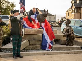 The statue of Khan and Lance Corporal Jimmy Muldoon unveiled in Strathaven, South Lanarkshire, at the weekend. PIC: Les Hoggan.