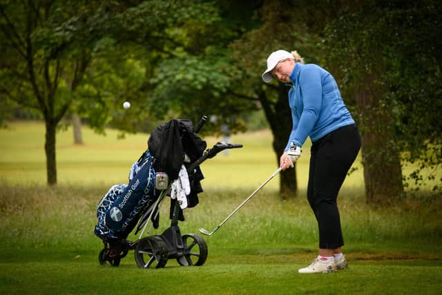 Ruby Watt hits a chip during practice day at Blairgowrie Golf Club ahead of the 2022 European Girls Team Championship. Picture: Scottish Golf.