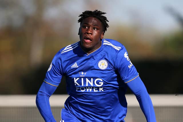 Calvin Bassey in action for Leicester City during a Premier League 2 match.