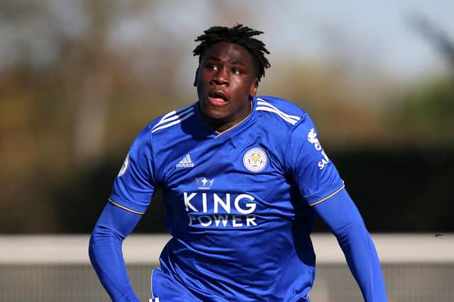 Calvin Bassey in action for Leicester City during a Premier League 2 match.