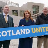 Former SNP leadership contender Ash Regan with Alba's Westminster leader Neale Hanvey (left) and deputy leader, Kenny MacAskill during a photocall at the Scottish Parliament after she defected from the SNP, becoming the Alba Party's firstMSP. (Picture: Andrew Milligan/PA Wire)