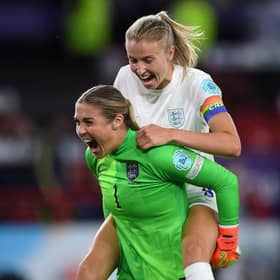 Mary Earps and Leah Williamson celebrate after their team's third goal in the Women's Euro 2022 Semi Final match between England and Sweden at Bramall Lane. (Photo by Harriet Lander/Getty Images)
