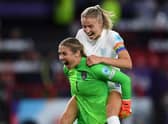 Mary Earps and Leah Williamson celebrate after their team's third goal in the Women's Euro 2022 Semi Final match between England and Sweden at Bramall Lane. (Photo by Harriet Lander/Getty Images)