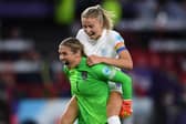 Mary Earps and Leah Williamson celebrate after their team's third goal in the Women's Euro 2022 Semi Final match between England and Sweden at Bramall Lane. (Photo by Harriet Lander/Getty Images)