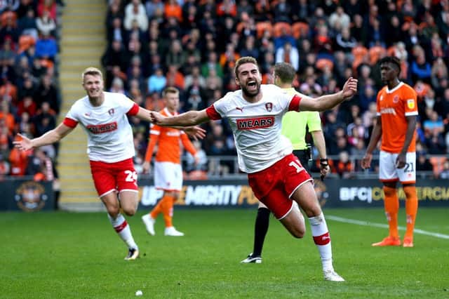 Clark Robertson celebrates scoring for Rotherham United against former club Blackpool in 2019. Picture: SNS