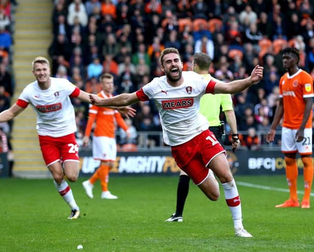 Clark Robertson celebrates scoring for Rotherham United against former club Blackpool in 2019. Picture: SNS