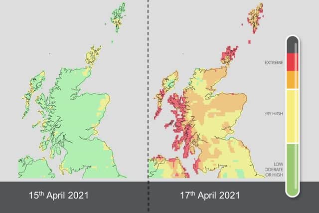 This graph is a forecast from April 13 to 17 and the areas in red in Scotland which are at extreme risk of wildfire.