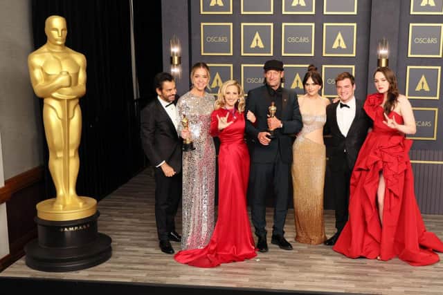 Eugenio Derbez, Sian Heder, Marlee Matlin, Troy Kotsur, Emilia Jones, Daniel Durant and Amy Forsyth, winners of the Best Picture award for ‘CODA’, pose in the press room at the 94th Annual Academy Awards at Hollywood and Highland on March 27, 2022 in Hollywood, California. (Photo by David Livingston/Getty Images )