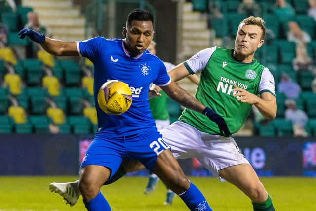 Rangers' Alfredo Morelos (left) holds off Hibernian's Ryan Porteous during Rangers' league win over Hibs at Easter Road. Photo by Craig Williamson / SNS Group