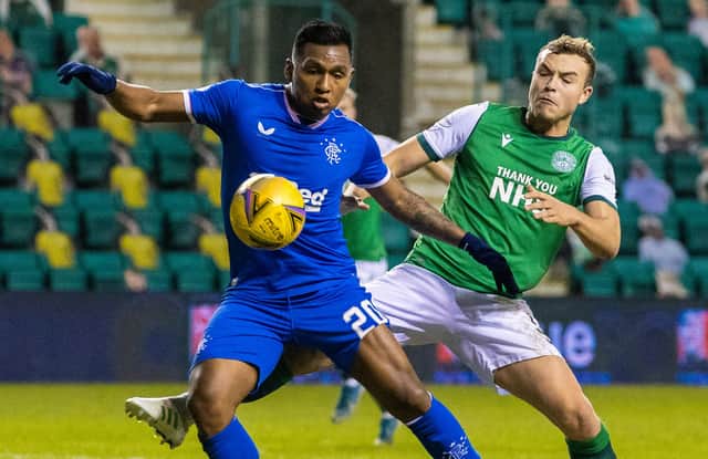 Rangers' Alfredo Morelos (left) holds off Hibernian's Ryan Porteous during Rangers' league win over Hibs at Easter Road. Photo by Craig Williamson / SNS Group