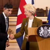 Rishi Sunak and European Commission chief Ursula von der Leyen shake hands during a joint press conference about the 'Windsor Framework' for Northern Ireland (Picture: Dan Kitwood/pool/AFP via Getty Images)